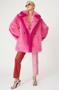 JAYLEY Pink Knitted Bamboo Contrast Midi Coat