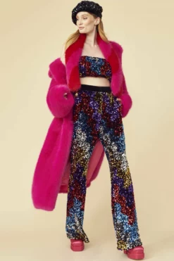 JAYLEY Pink Knitted Bamboo Faux Fur Maxi Coat