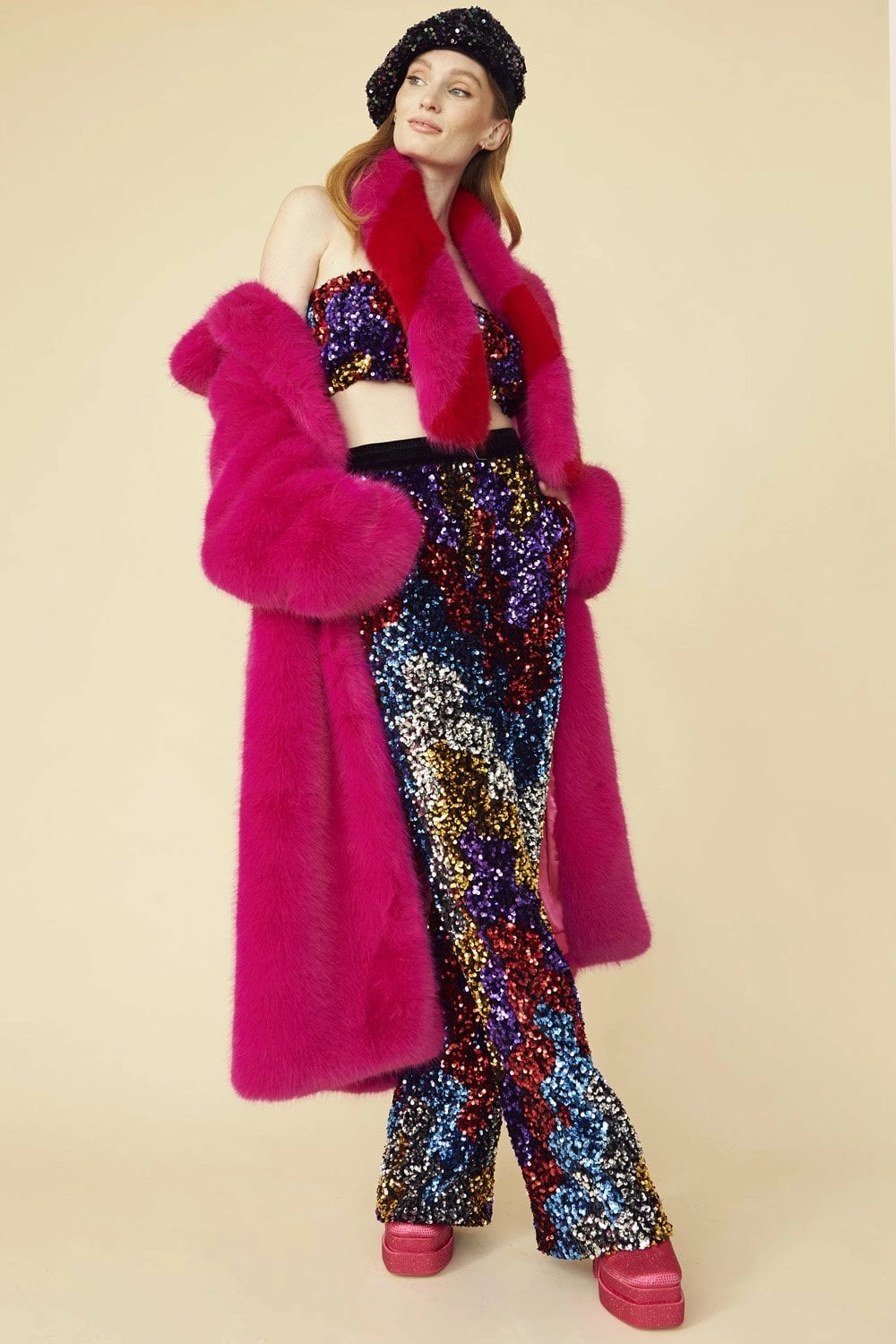 JAYLEY Pink Knitted Bamboo Faux Fur Maxi Coat - Image 2