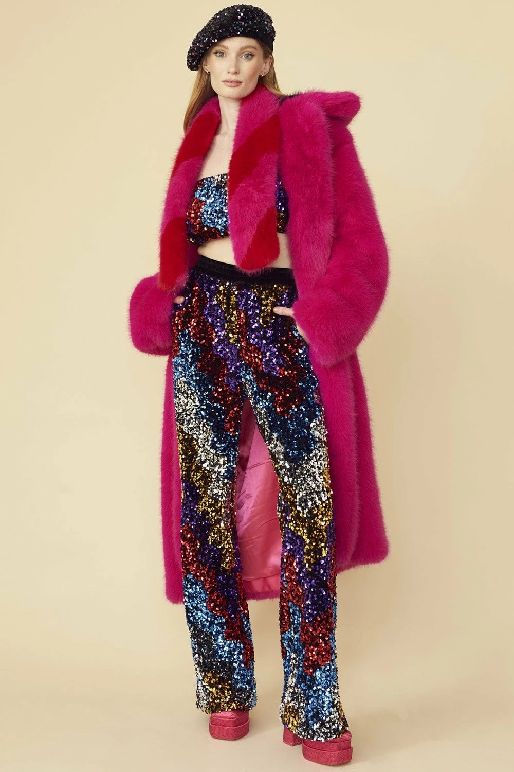 JAYLEY Pink Knitted Bamboo Faux Fur Maxi Coat - Image 3