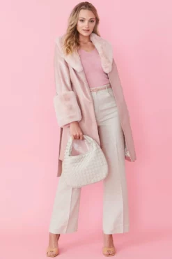 JAYLEY Pink Luxury Faux Leather Aubrey Coat With Detachable Faux Fur Cuffs & Collar
