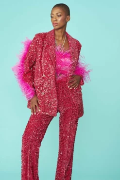 JAYLEY Pink Sequin Feather Trim Blazer