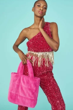 JAYLEY Pink Sequin One Shoulder Cropped Top With Sequin Tassels