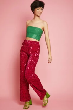 JAYLEY Pink Sequin Trousers With Elasticated Waist