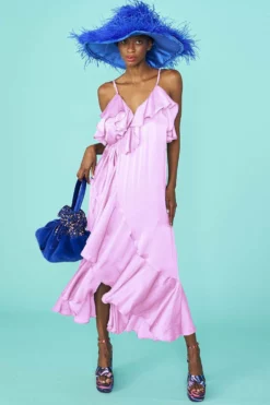 JAYLEY Pink Silk Blend Maxi Wrap Ruffle Dress