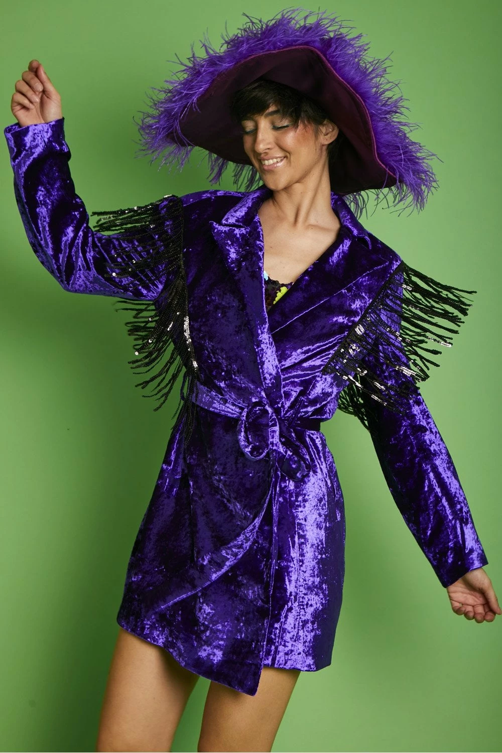 JAYLEY Purple Crushed Velvet Blazer Dress With Sequin Tassels - Image 4