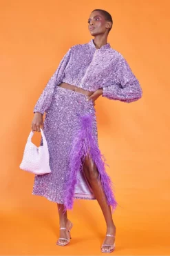 JAYLEY Purple Sequin Midi Skirt With Feathers