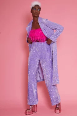 JAYLEY Purple Sequin Trousers With Elasticated Waist