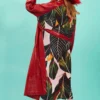 JAYLEY Red Eco Leather Trench Coat With Botanical Back Panel
