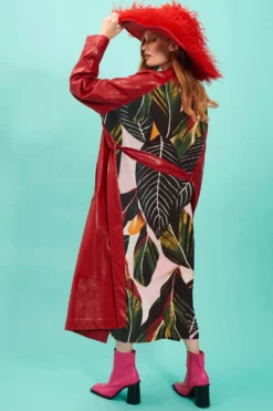 JAYLEY Red Eco Leather Trench Coat With Botanical Back Panel