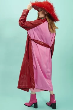 JAYLEY Red Eco Leather Trench Coat With Pink Back Panel