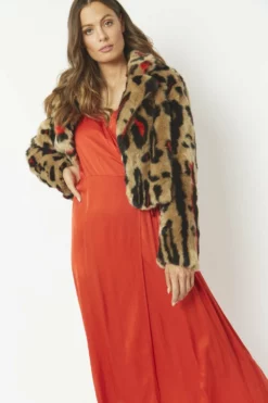 JAYLEY Red Faux Fur Animal Print Cropped Jacket
