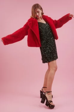 JAYLEY Red Faux Fur Cropped Coat