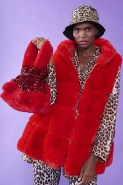 JAYLEY Red Faux Fur Long Hooded Gilet