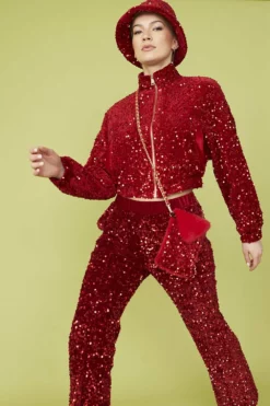 JAYLEY Red Sequin Cropped Biker Jacket