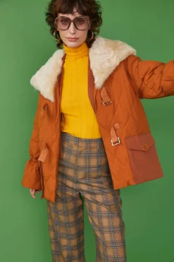 JAYLEY Rust Shearling Parka With Down And Leather Details