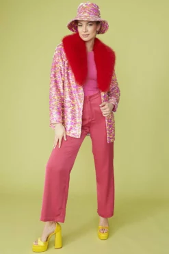 JAYLEY Sequin Mulit-Coloured Blazer With Red Faux Fur Collar