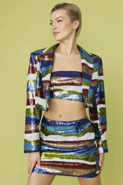 JAYLEY Sequin Mulit-Coloured Cropped Striped Blazer