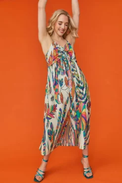 JAYLEY Silk Blend Bow Dress In Havanna Tropical Print