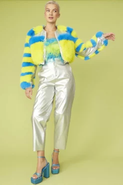 JAYLEY Striped Faux Fur Cropped Bomber Jacket