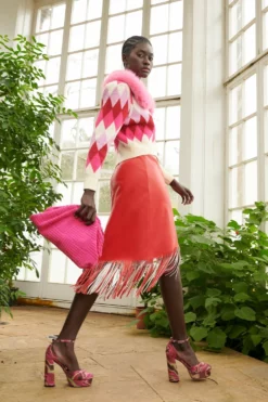 JAYLEY Tassel Midi Skirt With Front Split In Shimmer Red