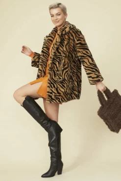 JAYLEY Tiger Print Faux Fur Midi Coat