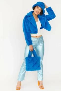 JAYLEY Turquoise Faux Fur Cropped Jacket