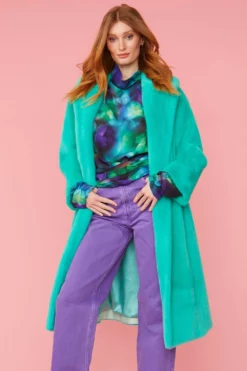 JAYLEY Turquoise Faux Fur Midi Coat