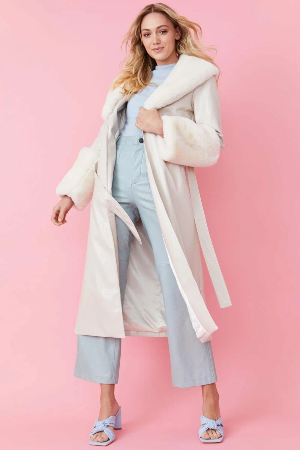 JAYLEY White Faux Leather Jacket With Detachable Faux Fur Cuffs & Collar - Image 6