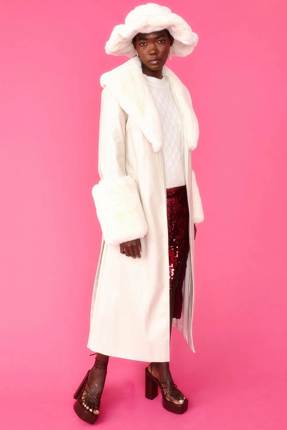 JAYLEY White Faux Leather Jacket With Detachable Faux Fur Cuffs & Collar