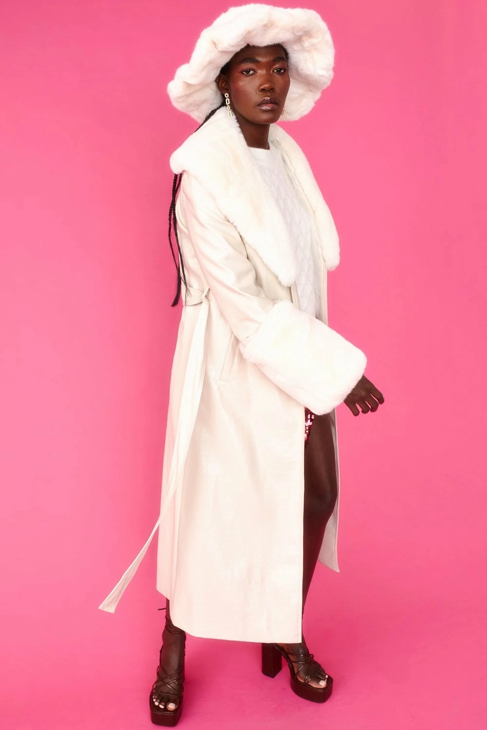 JAYLEY White Faux Leather Jacket With Detachable Faux Fur Cuffs & Collar - Image 3