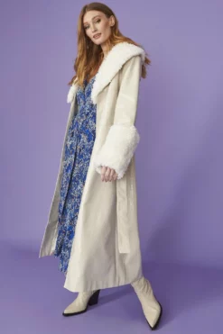 JAYLEY White Faux Suede Coat With Detachable Faux Shearling Cuffs & Collar