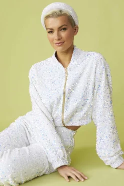 JAYLEY White Sequin Bomber Jacket