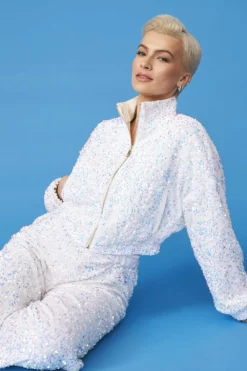 JAYLEY White Sequin Cropped Biker Jacket