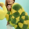 JAYLEY Yellow And Green Delilah Diamond Faux Fur Coat