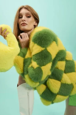 JAYLEY Yellow And Green Delilah Diamond Faux Fur Coat