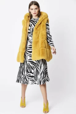 JAYLEY Yellow Faux Fur Long Hooded Gilet