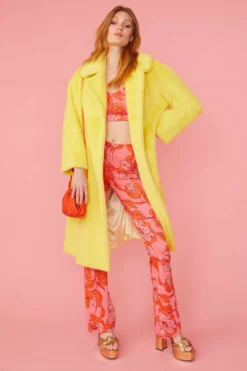 JAYLEY Yellow Faux Fur Midi Coat