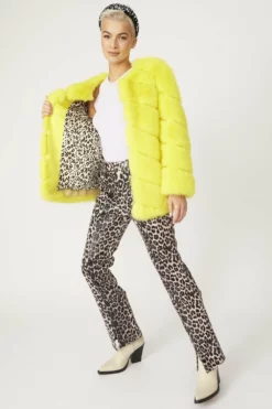 JAYLEY Yellow Faux Fur Striped Gaga Coat