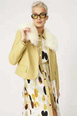 JAYLEY Yellow Faux Leather Jacket With Faux Shearling Collar