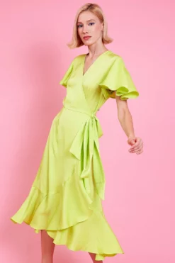 JAYLEY Yellow Silk Blend Maxi Ruffle Wrap Dress