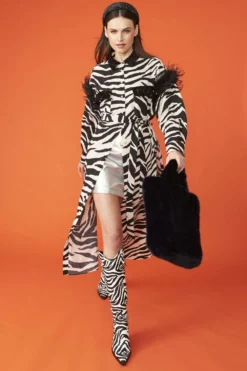 JAYLEY Zebra Trench Coat With Feather Trim And Embellished Collar